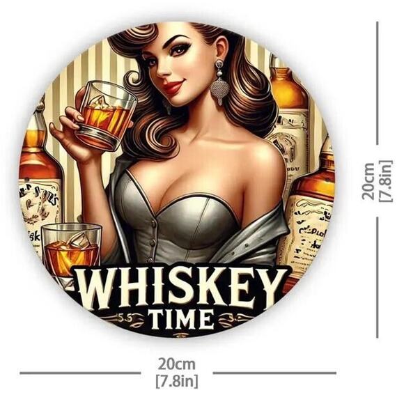 Tin Sign • Whiskey Time • Retro 1950s Style Brunette Pin-Up Girl Big Boobs •8 x8 - Picture 4 of 6